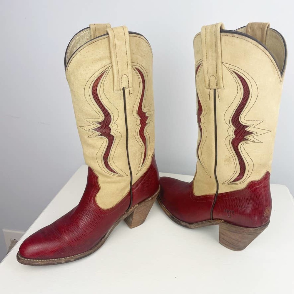 Vintage FRYE Red Genuine Lizard and Cream Leather Western Cowgirl Boots USA